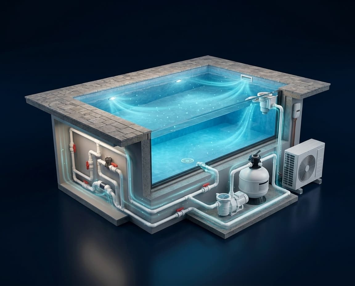 Piscine en coupe — circuit hydraulique : skimmer, filtration, pompe à chaleur