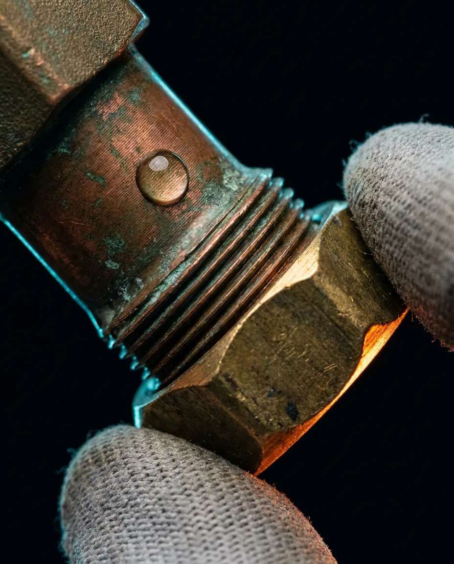 Main gantée manipulant un raccord en laiton et cuivre lors d'un dépannage de plomberie à Plan-de-Cuques