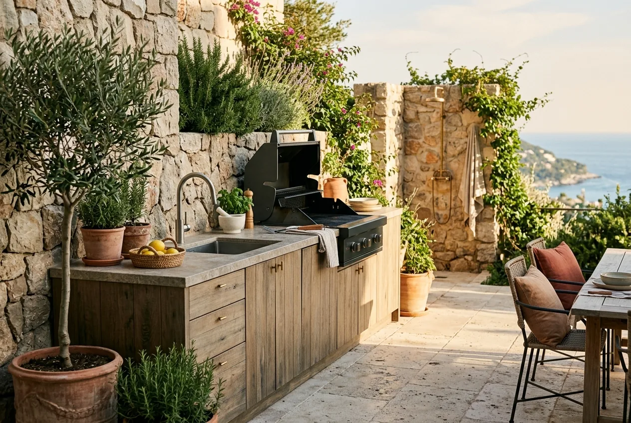 Cuisine d'été en pierre et bois sur une terrasse méditerranéenne
