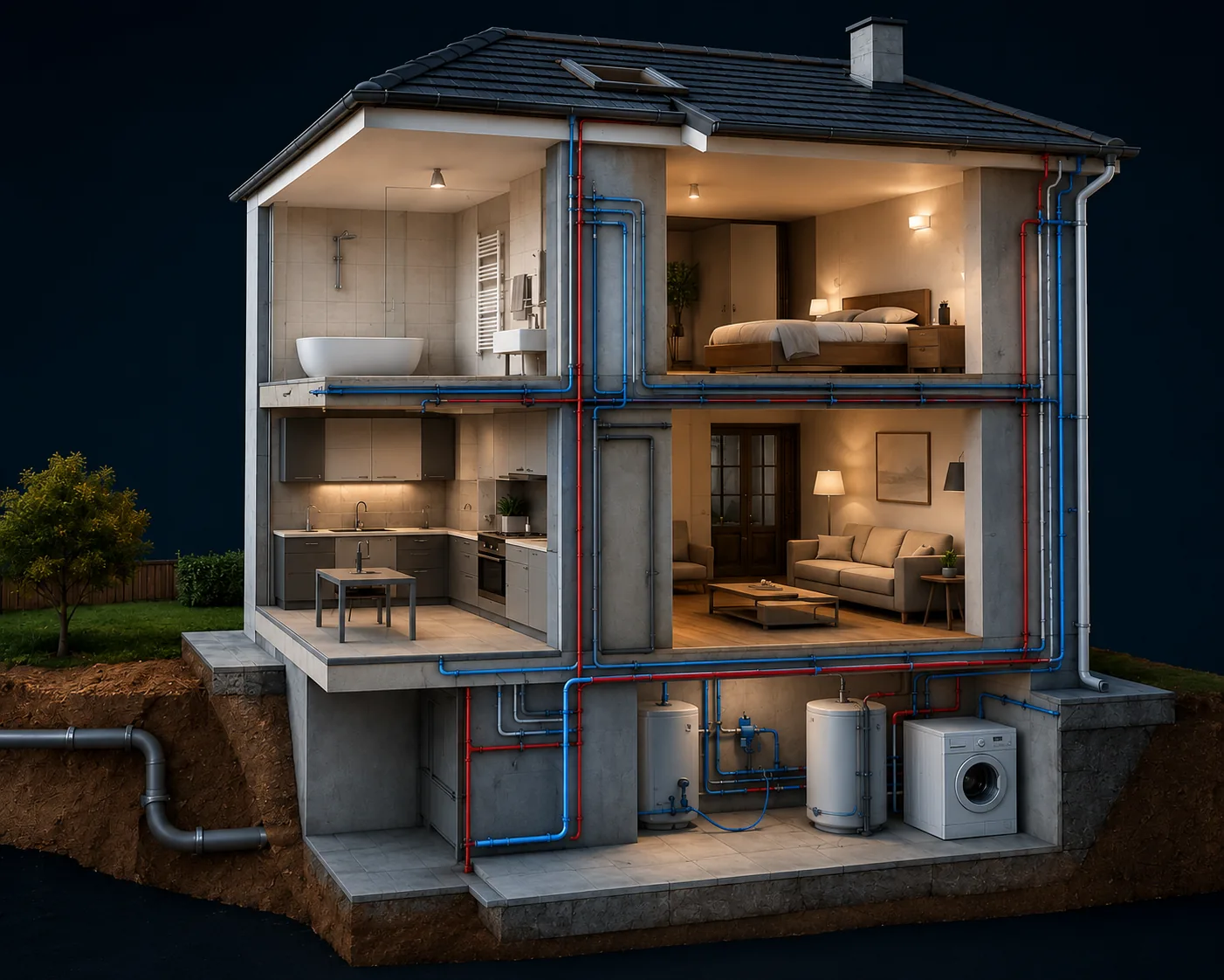 Illustration 3D en coupe d'une maison montrant le réseau de plomberie eau chaude et eau froide à Plan-de-Cuques